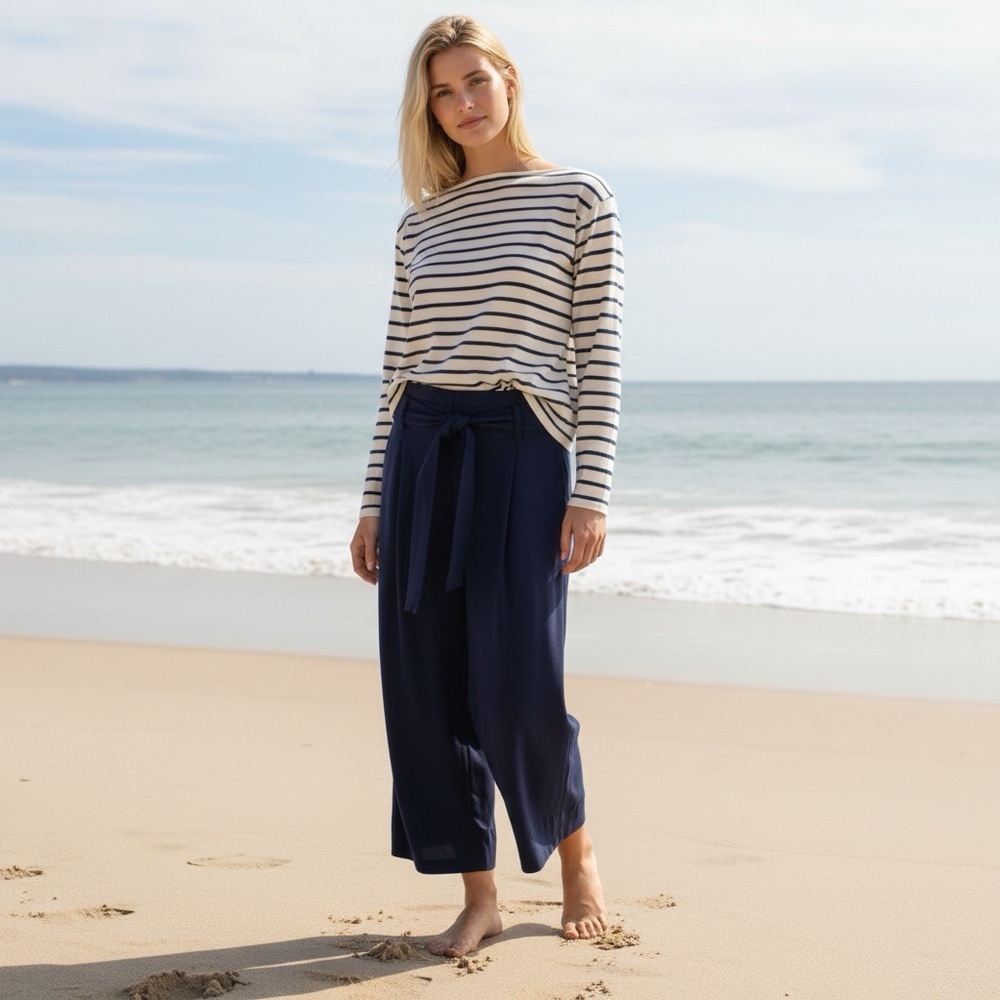 Joules Navy Cropped Palazzo Pants Belted Size 8